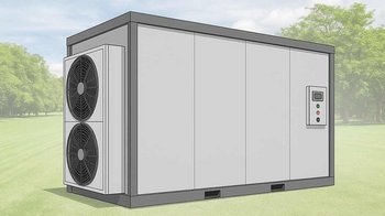Moderne Klimaanlage in einer grünen Umgebung Eine moderne Klimaanlage steht auf einer grünen Wiese, umgeben von Bäumen, unter einem klaren Himmel.