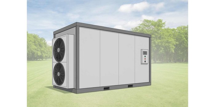 Eine moderne Klimaanlage steht auf einer grünen Wiese, umgeben von Bäumen, unter einem klaren Himmel.